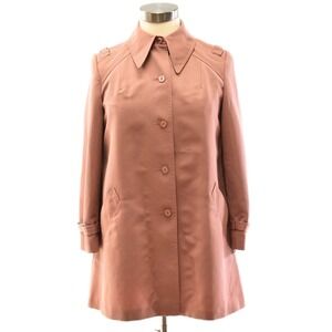 70s Vintage Rose Pink Polyester Gabardine Coat Womens L Short Trench Mod Jacket
